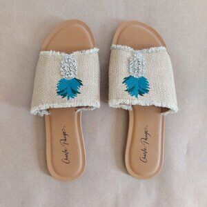 Charlie Paige Pineapple Embroidered Jute Slide Sandals